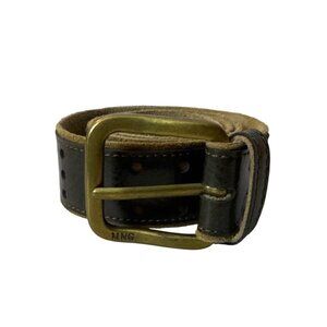 Vintage MNG Olive Green Leather Belt With Brass Buckle Perforated Design Made In